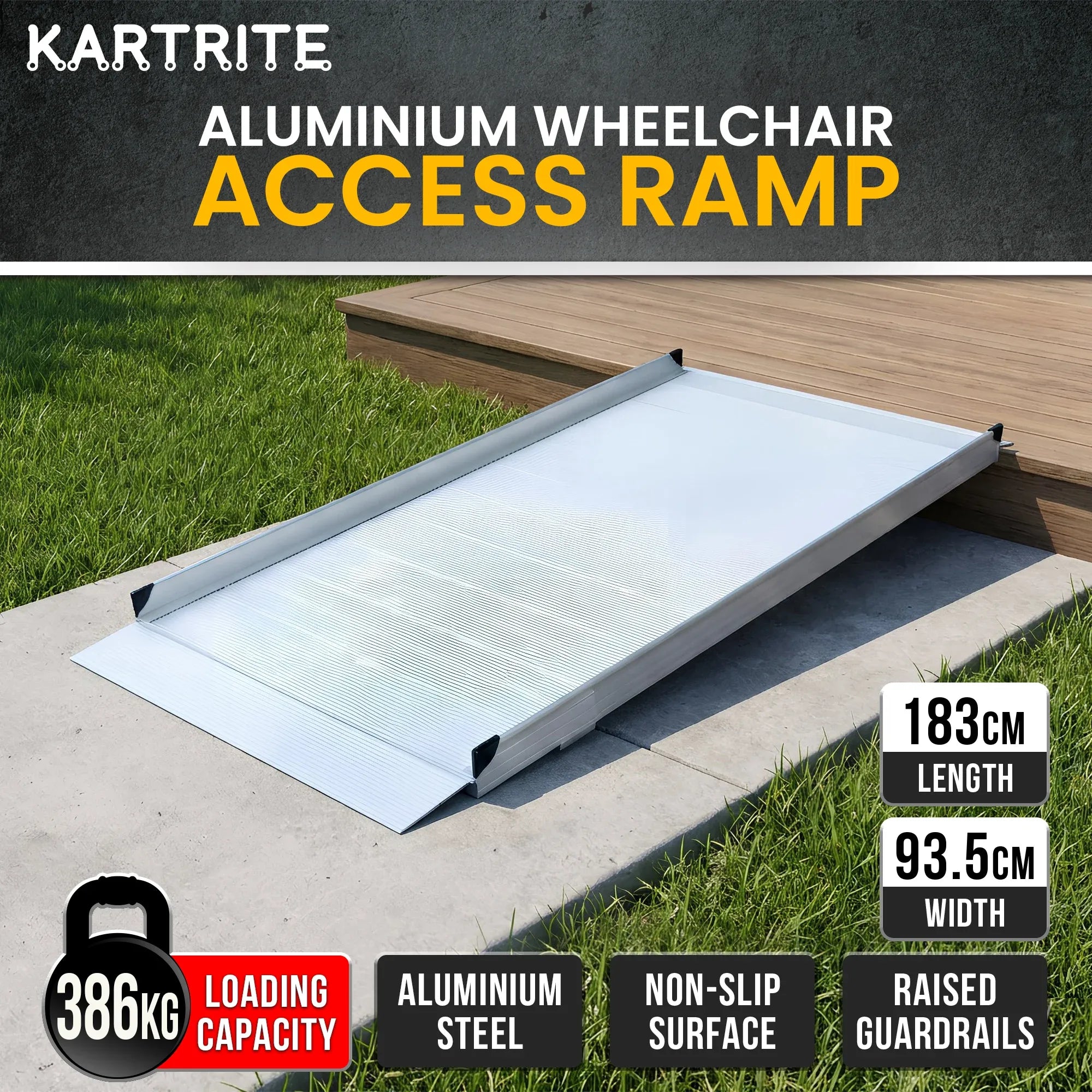 Kartrite 6ft Aluminium Wheelchair Ramp Non Slip Surface 386kg Capacity