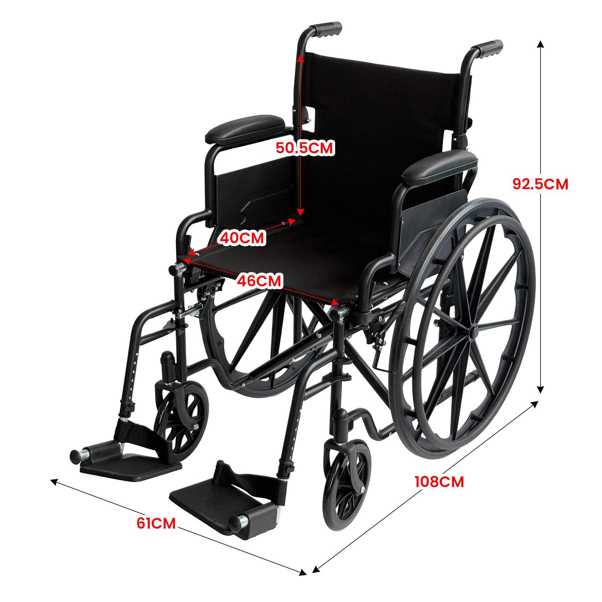 Orthonica 24-Inch Wheelchair Foldable Lightweight Black Steel Frame