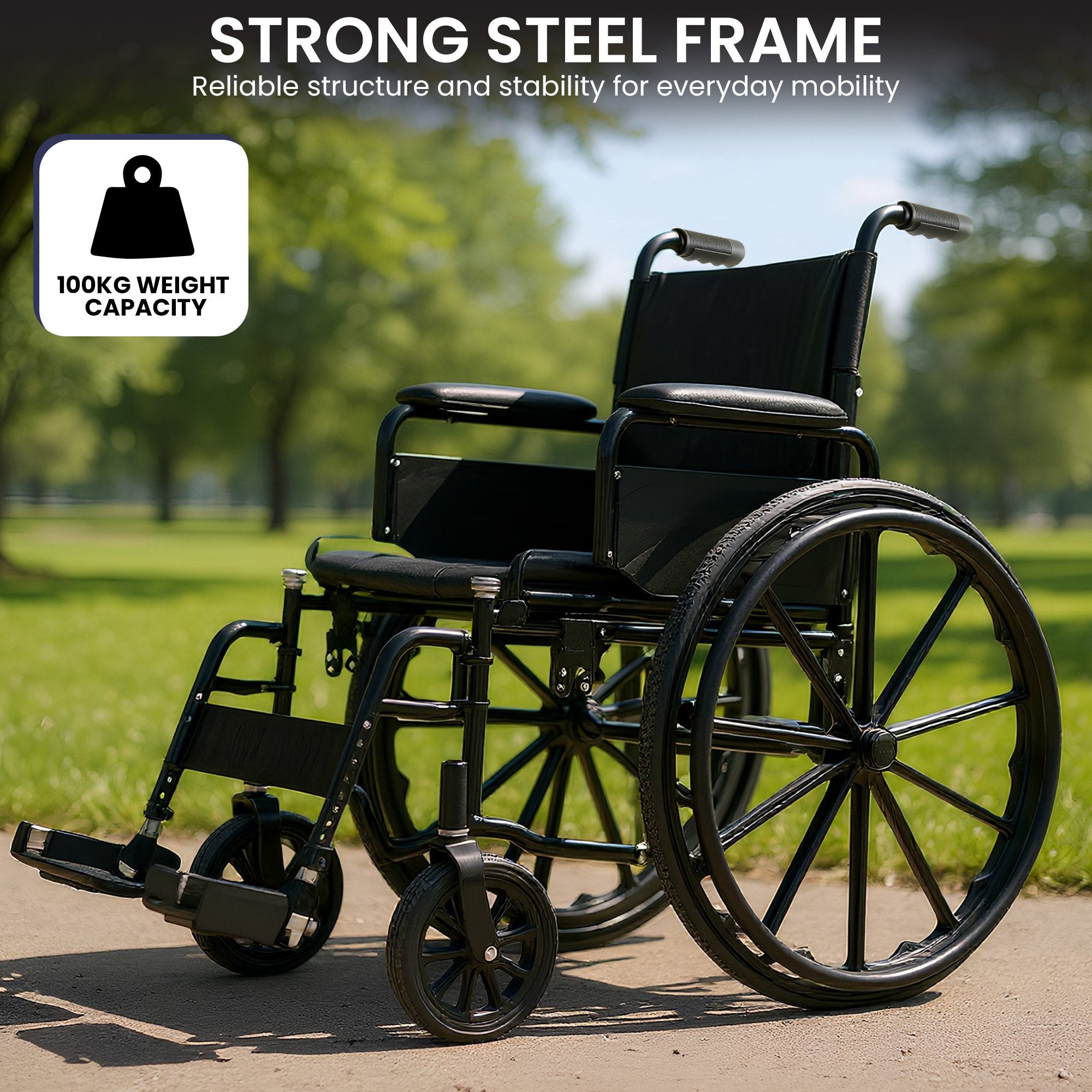 Orthonica 24-Inch Wheelchair Foldable Lightweight Black Steel Frame
