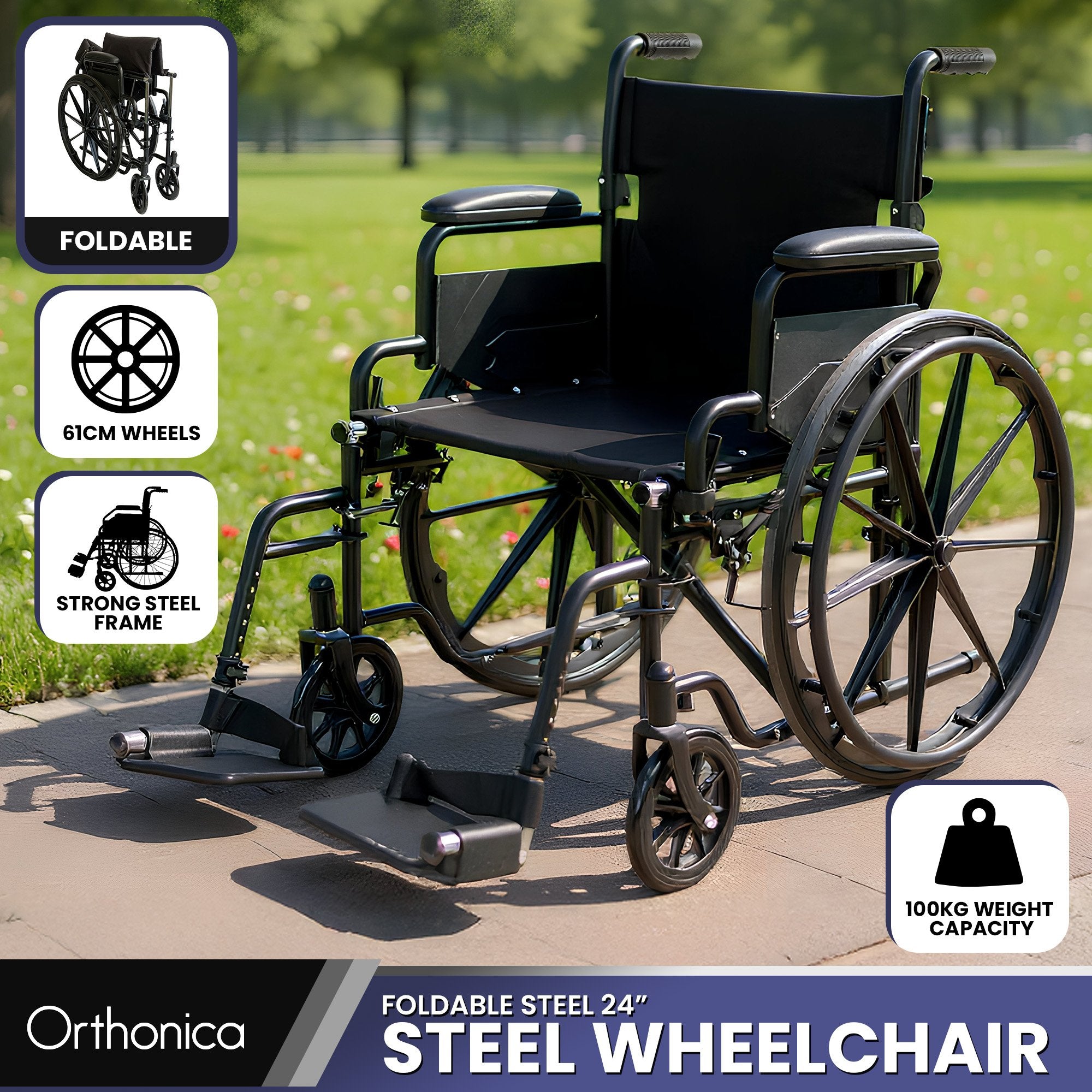 Orthonica 24-Inch Wheelchair Foldable Lightweight Black Steel Frame