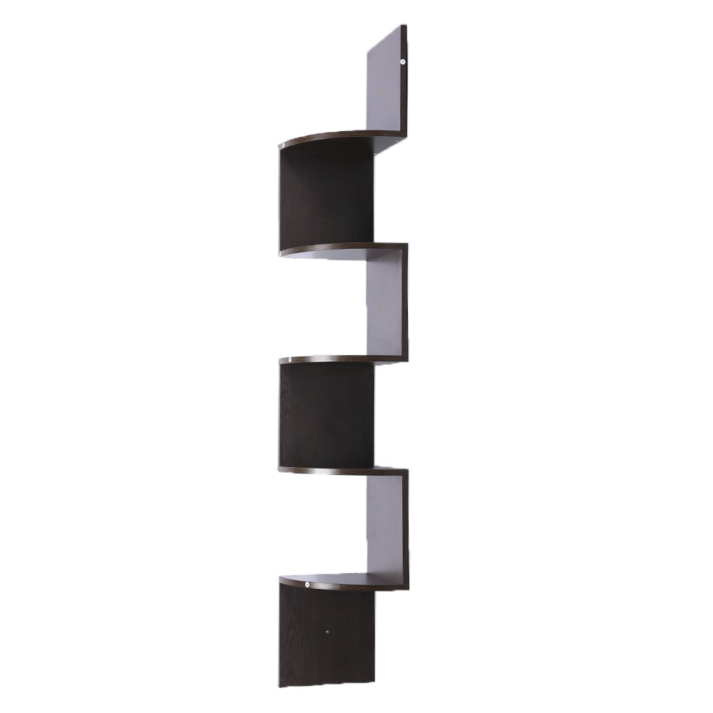 Decorative 5 Tier Corner Wall Shelf, Zig-Zag Design, Dark Brown