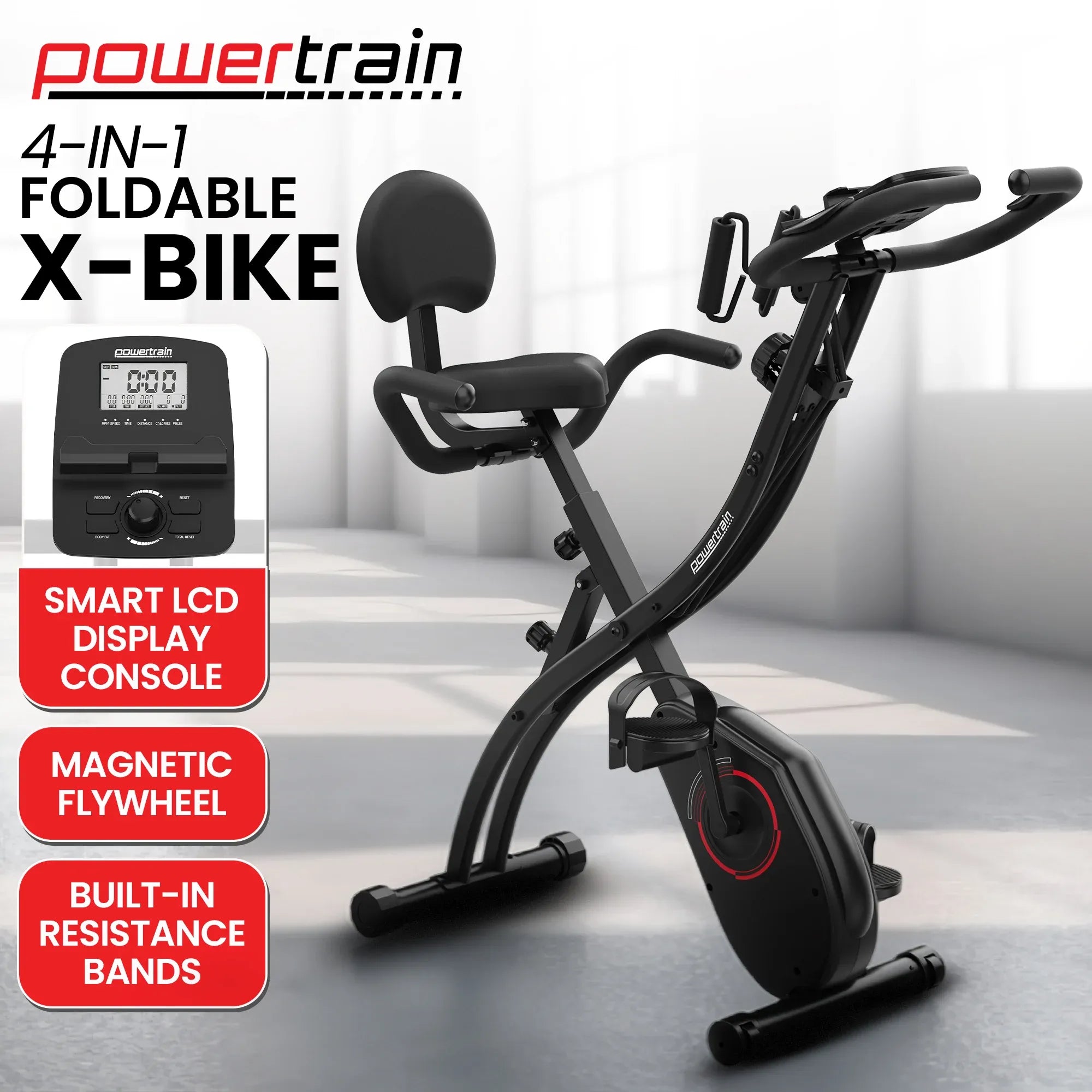 Powertrain 135E 4-in-1 Foldable X-Bike with LCD Display and Resistance Bands