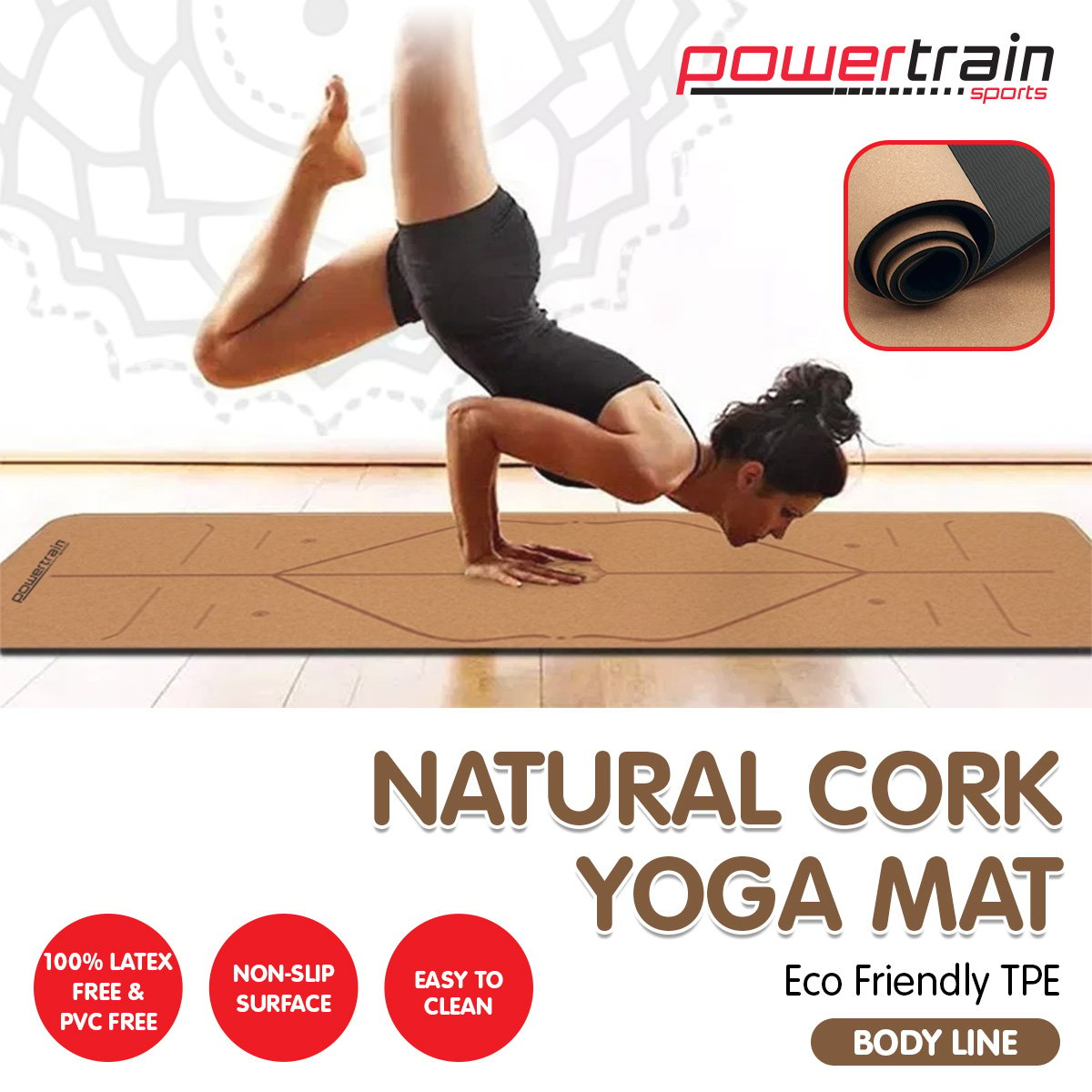 Eco-Friendly Non-Slip Cork Yoga Mat, 6mm, 183x61cm - Body Line