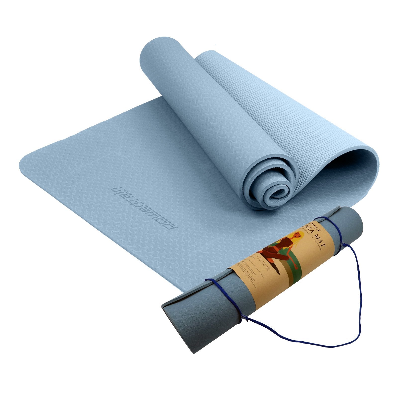 Eco-friendly Non-slip 6mm TPE Yoga Mat, Sky Blue + Strap