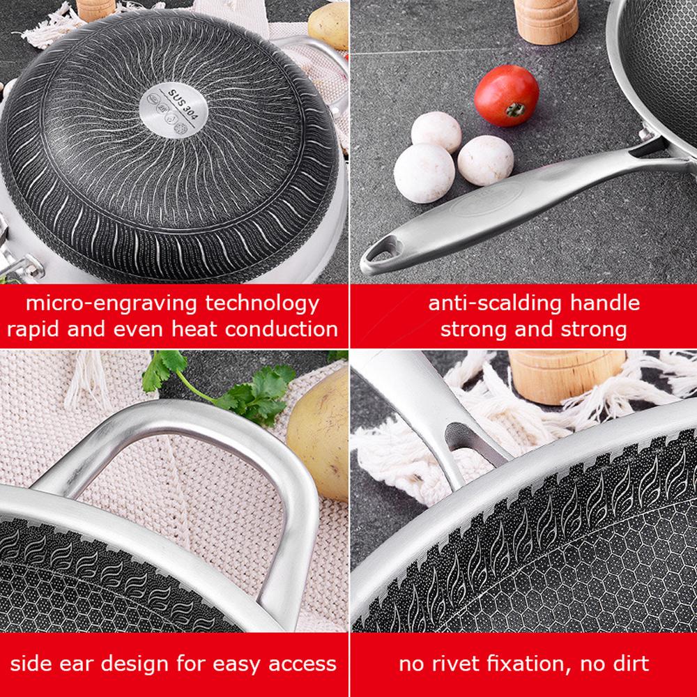 32cm 304 Stainless Steel Non-Stick Stir Fry Cooking Kitchen Honeycomb Wok Pan with Lid