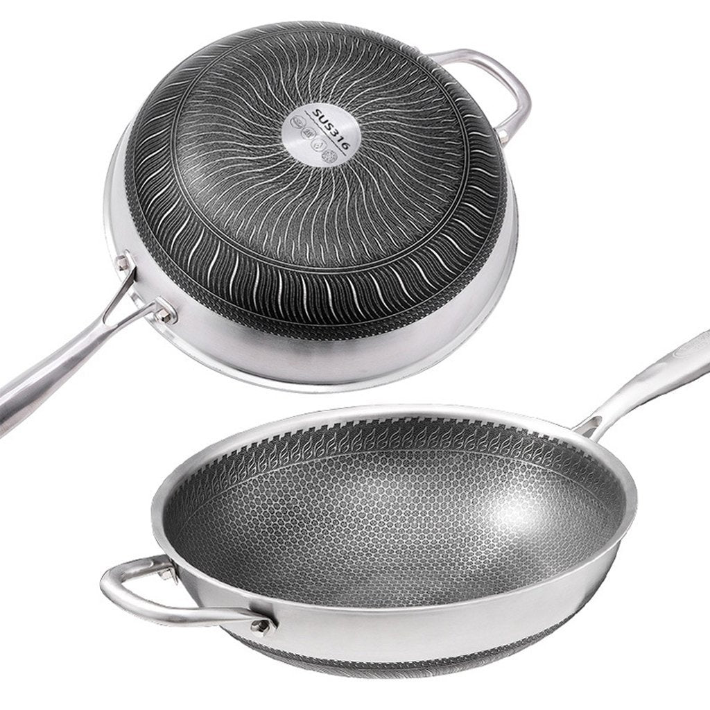 34cm 316 Stainless Steel Non-Stick Stir Fry Cooking Kitchen Wok Pan with Lid Honeycomb Double Sided