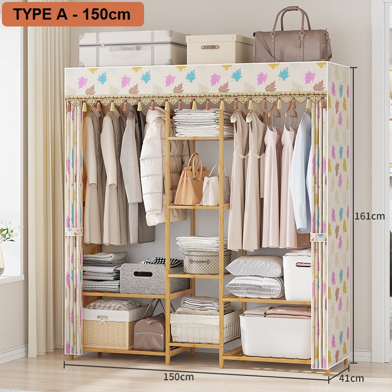 Bamboo Clothes Rack With Storage Shelves & Cover, 120cm