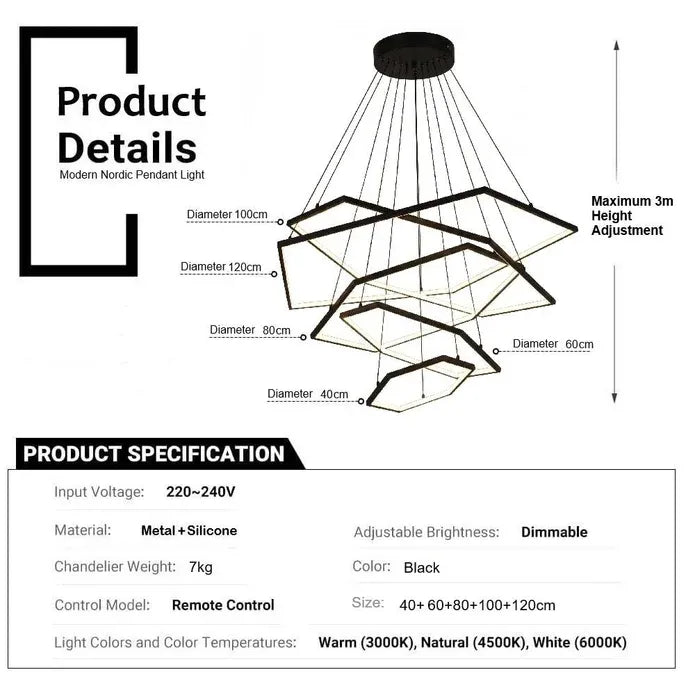 BAMDECOR AD2582/5 Modern LED Chandelier, Hexagonal Rings Ceiling Lighting Contemporary Chandeliers 5 Rings-Black