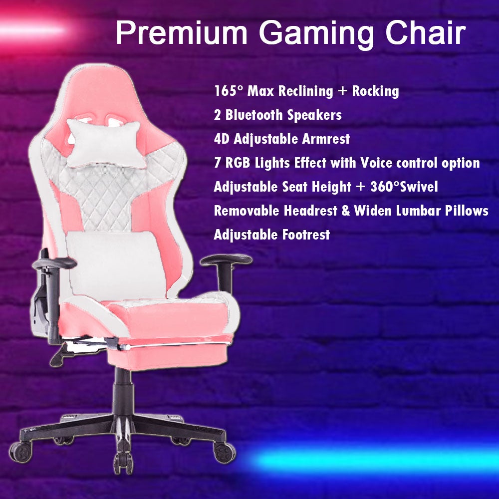 RGB Lights Bluetooth Speaker Gaming Chair, Ergonomic, 165° Reclining, 4D Armrest, Footrest | amazingooh