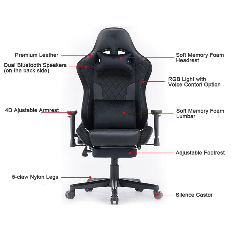 RGB Lights Bluetooth Speaker Gaming Chair, Ergonomic, 165° Reclining, 4D Armrest, Footrest | amazingooh