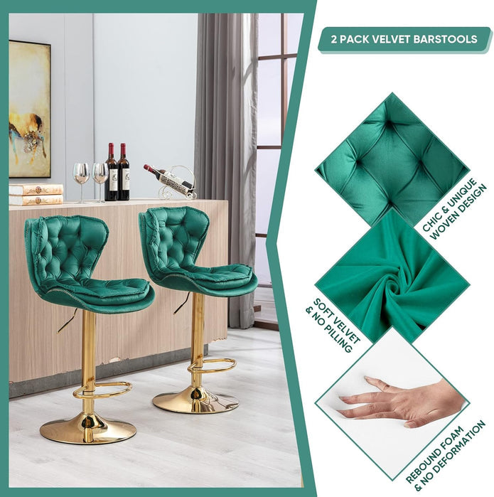SERENITà Swivel Bar Stools Set of 2 Counter Height Barstools with Back Velvet Upholstered Adjustable Stool Chair Min Century Modern Bar Stool for Kitchen Island Emerald Green