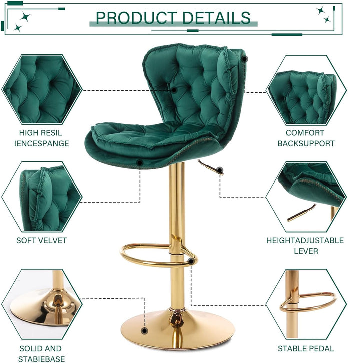 SERENITà Swivel Bar Stools Set of 2 Counter Height Barstools with Back Velvet Upholstered Adjustable Stool Chair Min Century Modern Bar Stool for Kitchen Island Emerald Green
