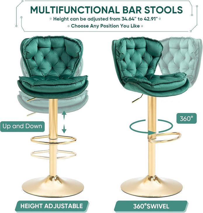 SERENITà Swivel Bar Stools Set of 2 Counter Height Barstools with Back Velvet Upholstered Adjustable Stool Chair Min Century Modern Bar Stool for Kitchen Island Emerald Green