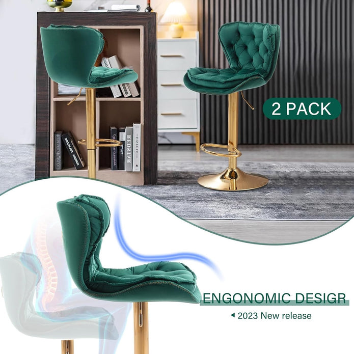 SERENITà Swivel Bar Stools Set of 2 Counter Height Barstools with Back Velvet Upholstered Adjustable Stool Chair Min Century Modern Bar Stool for Kitchen Island Emerald Green