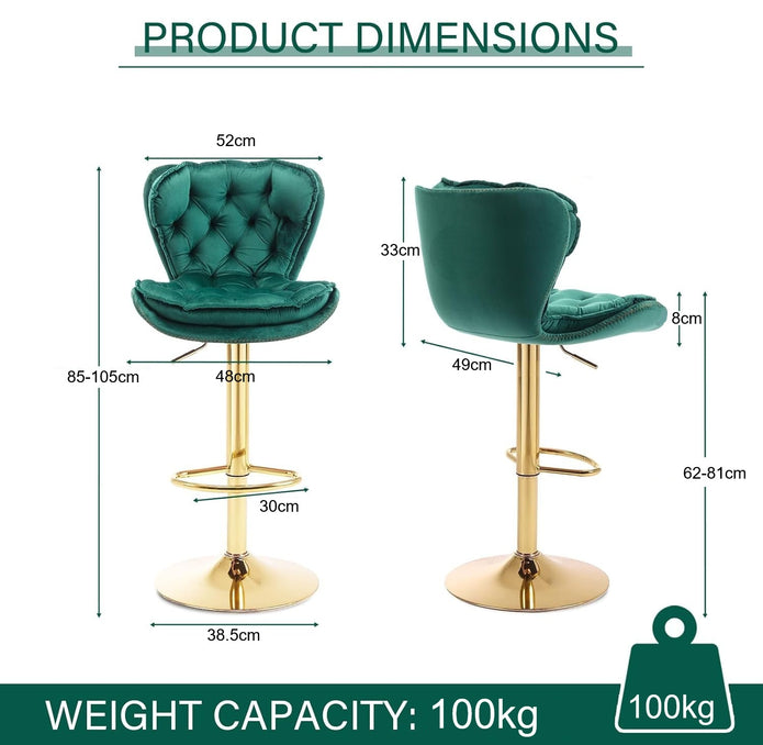 SERENITà Swivel Bar Stools Set of 2 Counter Height Barstools with Back Velvet Upholstered Adjustable Stool Chair Min Century Modern Bar Stool for Kitchen Island Emerald Green