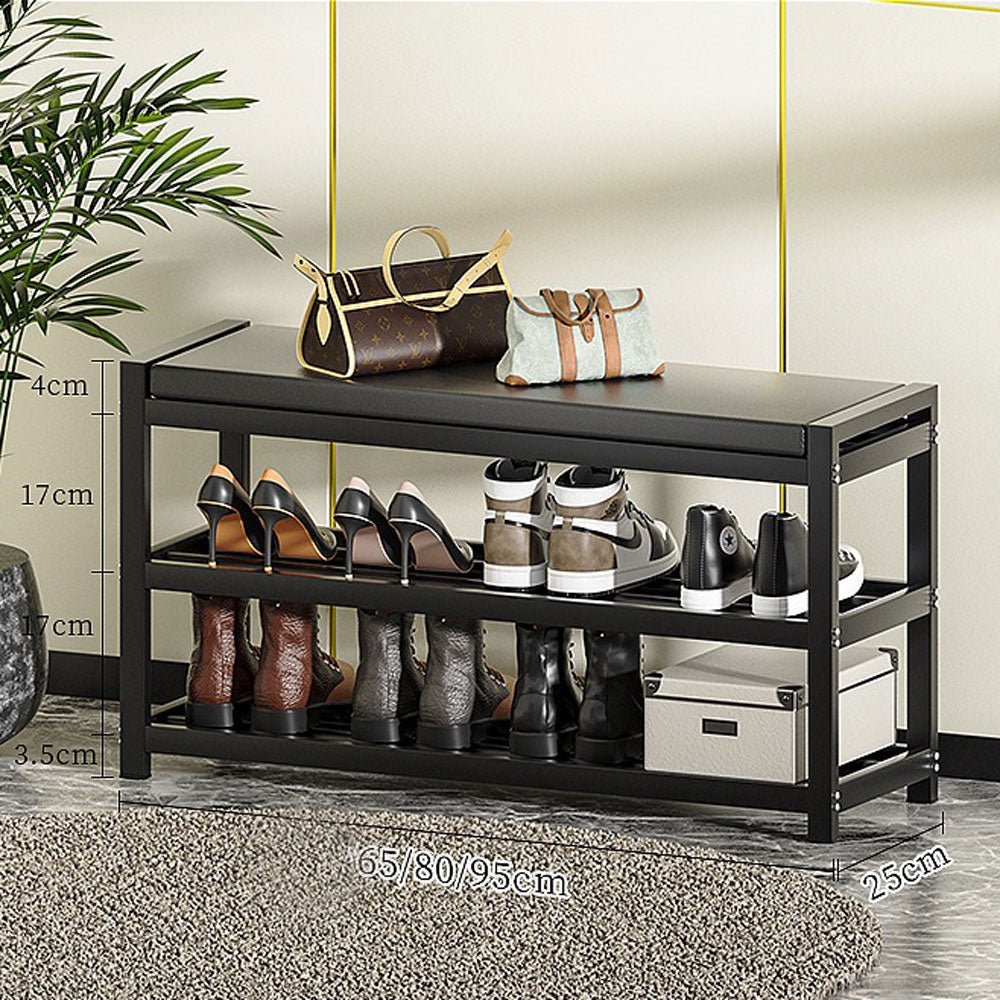 3-Tier Carbon Steel Shoe Rack Bench with PU Leather Cushion