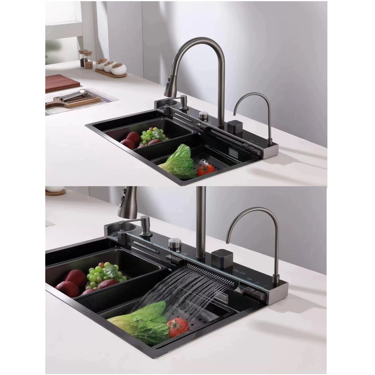 304 Stainless Steel Waterfall Kitchen Sink with Glass Rinser