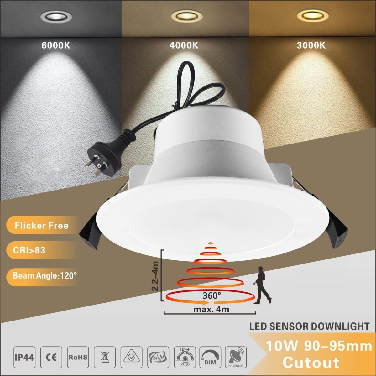 Ultra Slim Radar Sensor LED Downlight 90mm 10W Tri-Color