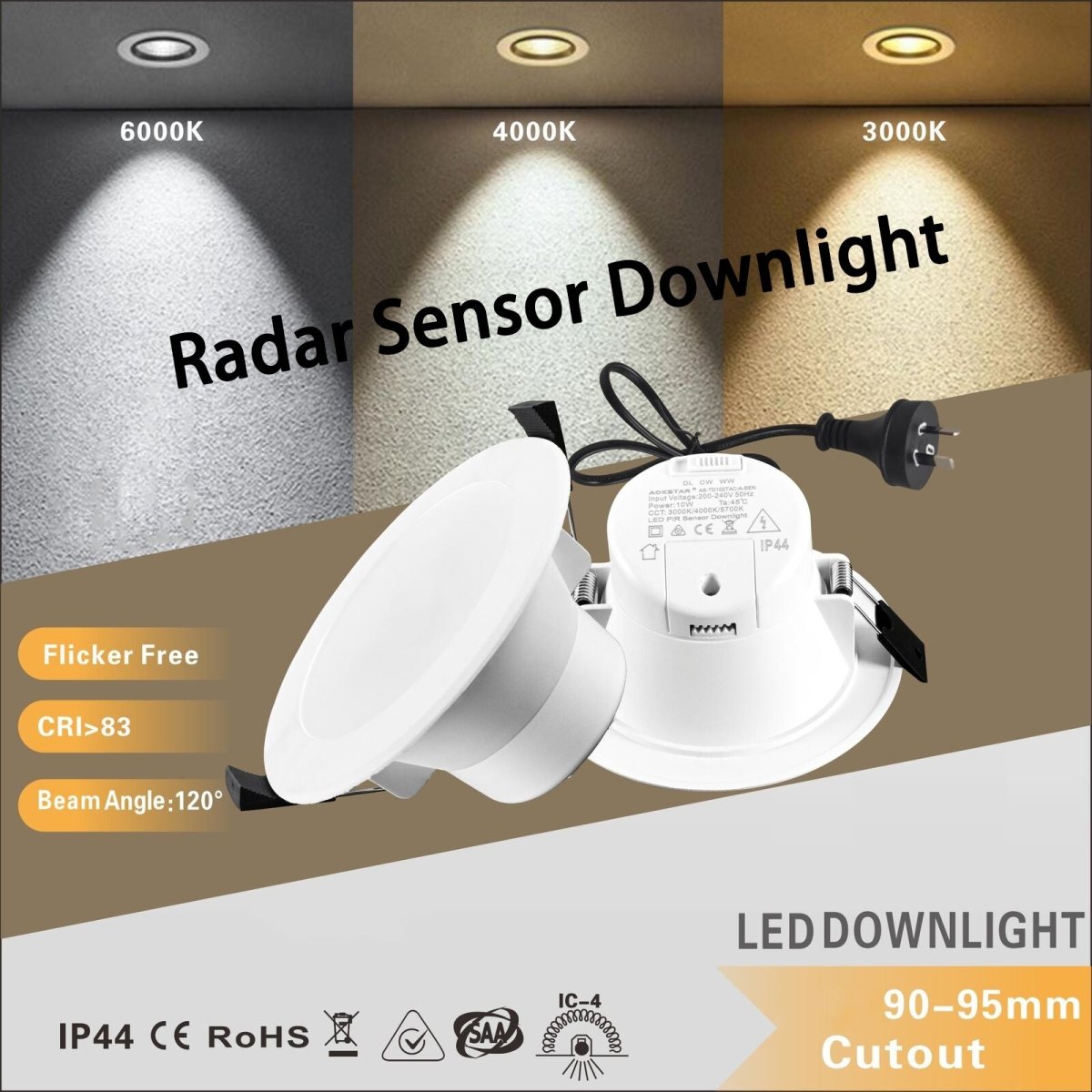 Ultra Slim Radar Sensor LED Downlight 90mm 10W Tri-Color