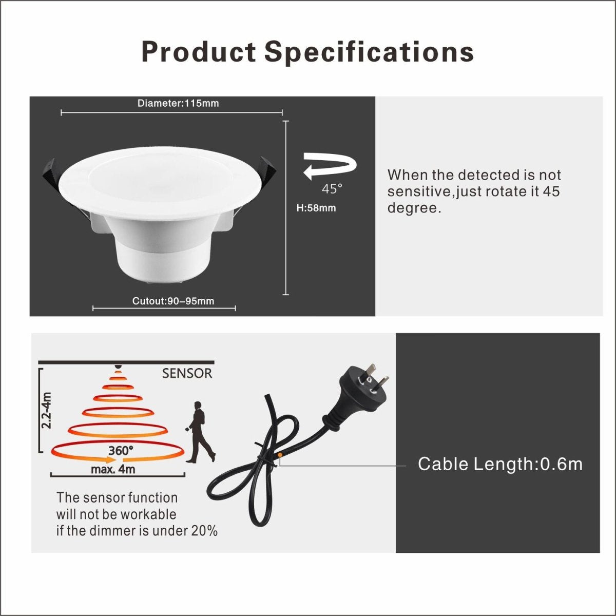 Ultra Slim Radar Sensor LED Downlight 90mm 10W Tri-Color