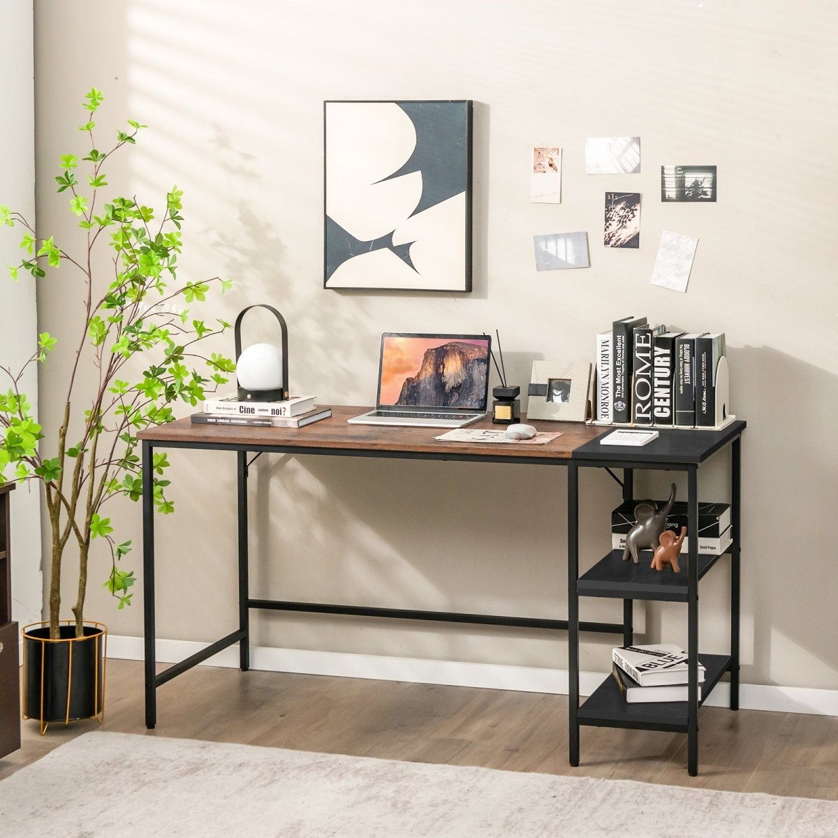 Sturdy Industrial Computer Desk with Shelves, 1.4m, Vintage Oak