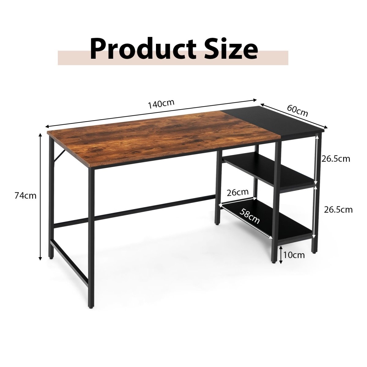 Sturdy Industrial Computer Desk with Shelves, 1.4m, Vintage Oak