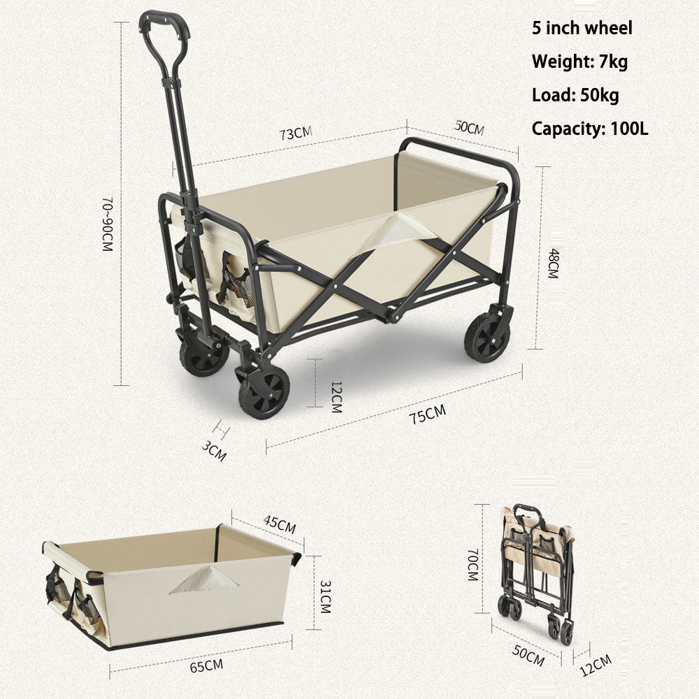 All-Terrain Folding Beach Wagon 5" Rubber Wheels, 50kg Capacity