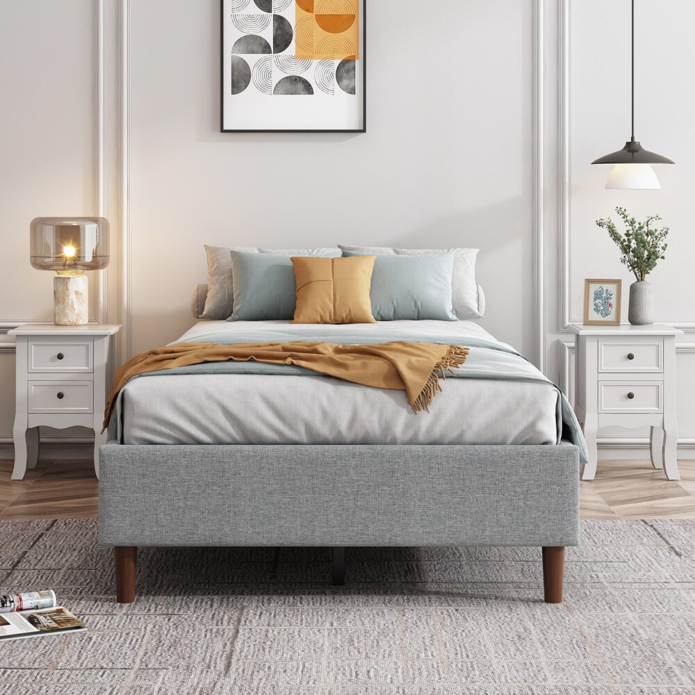 Bedframe with Wooden Slats Light Grey – Double