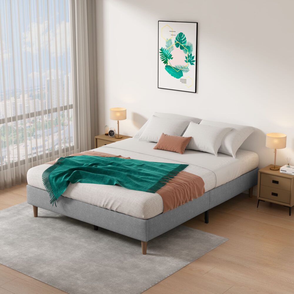 Bedframe with Wooden Slats Light Grey – Double