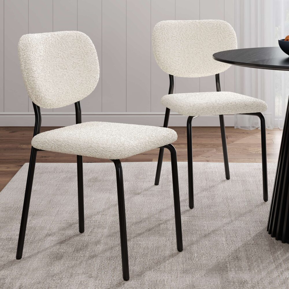 Soft White Teddy Fabric Dining Chair Set with Steel Legs