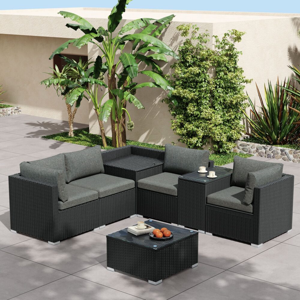 7PC Outdoor Wicker Loveseat Setting with Storage Corner Black