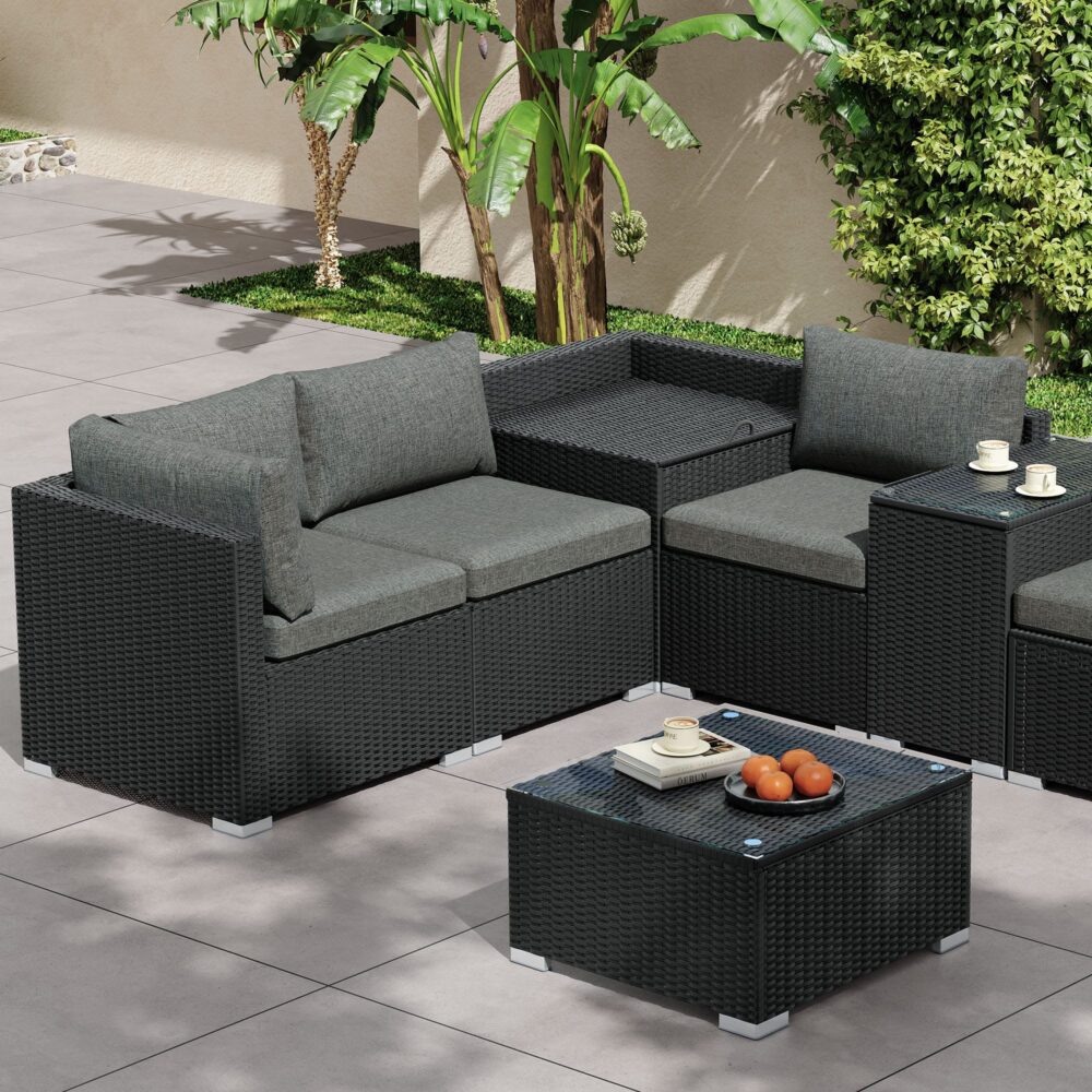 7PC Outdoor Wicker Loveseat Setting with Storage Corner Black