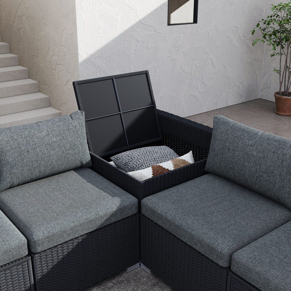 7PC Outdoor Wicker Loveseat Setting with Storage Corner Black