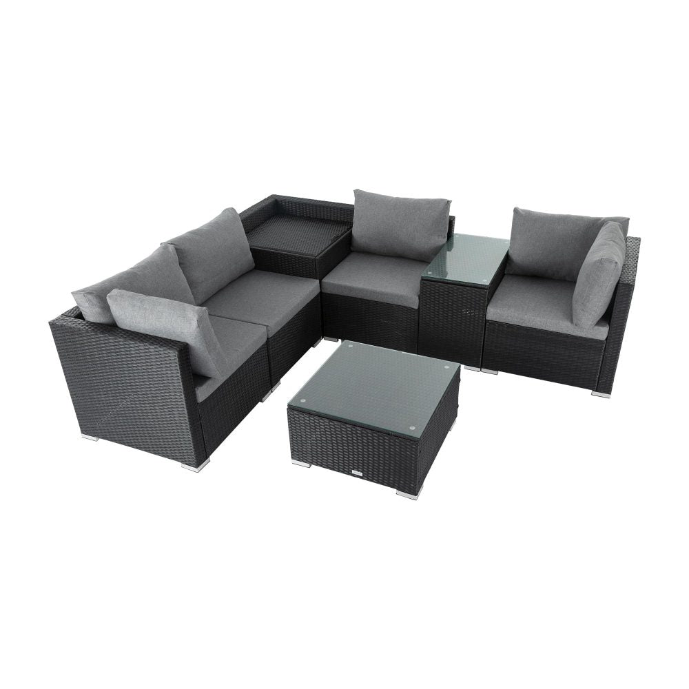 7PC Outdoor Wicker Loveseat Setting with Storage Corner Black