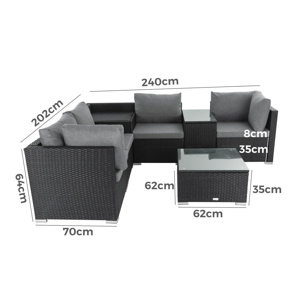 7PC Outdoor Wicker Loveseat Setting with Storage Corner Black