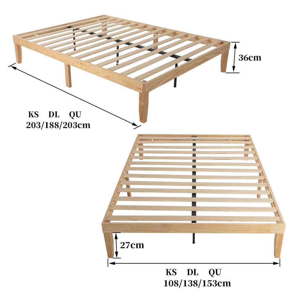 Durable Wood Bed Base Frame, 9-Leg, Storage Space – Double