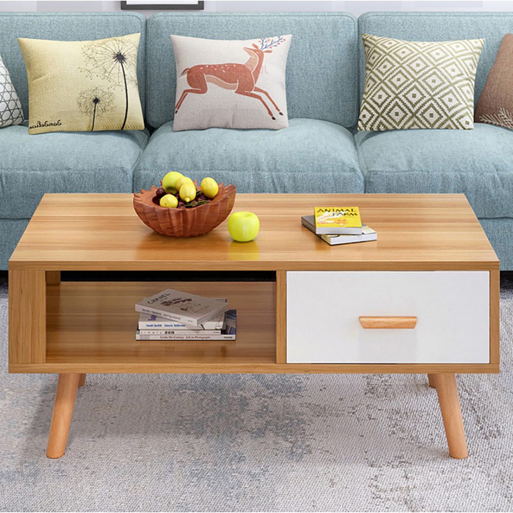 Sliding Drawer Mid-Century Coffee Table, MDF Wood