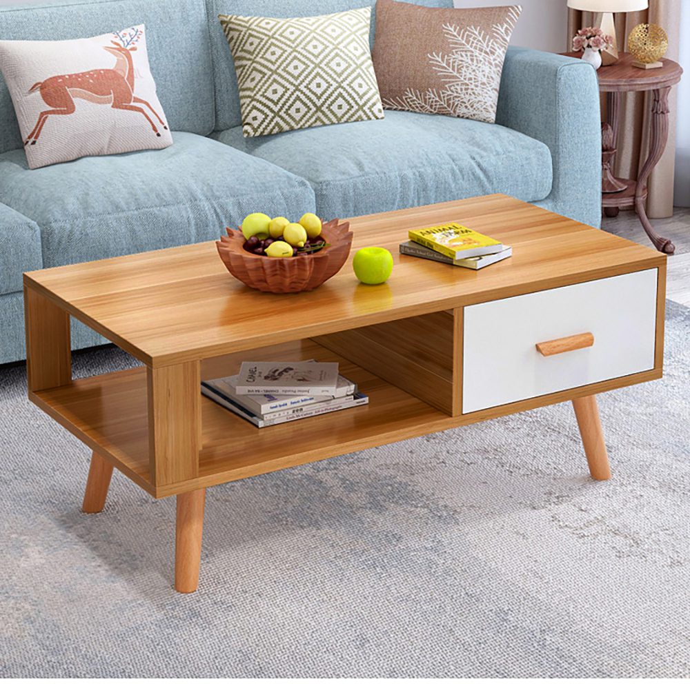 Sliding Drawer Mid-Century Coffee Table, MDF Wood