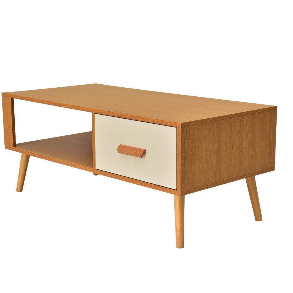 Sliding Drawer Mid-Century Coffee Table, MDF Wood