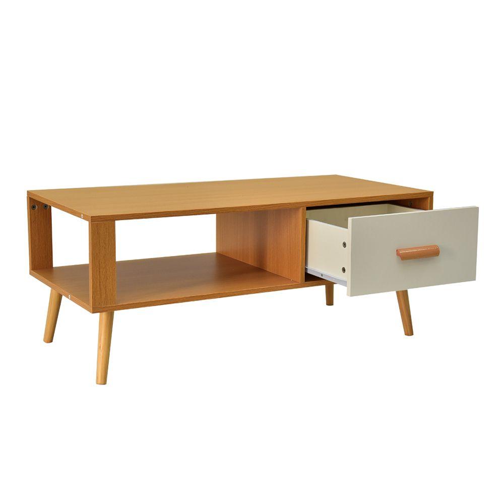 Sliding Drawer Mid-Century Coffee Table, MDF Wood