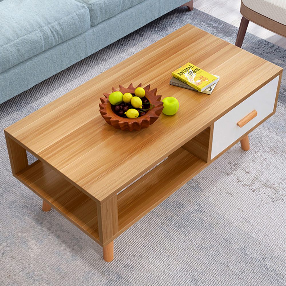 Sliding Drawer Mid-Century Coffee Table, MDF Wood