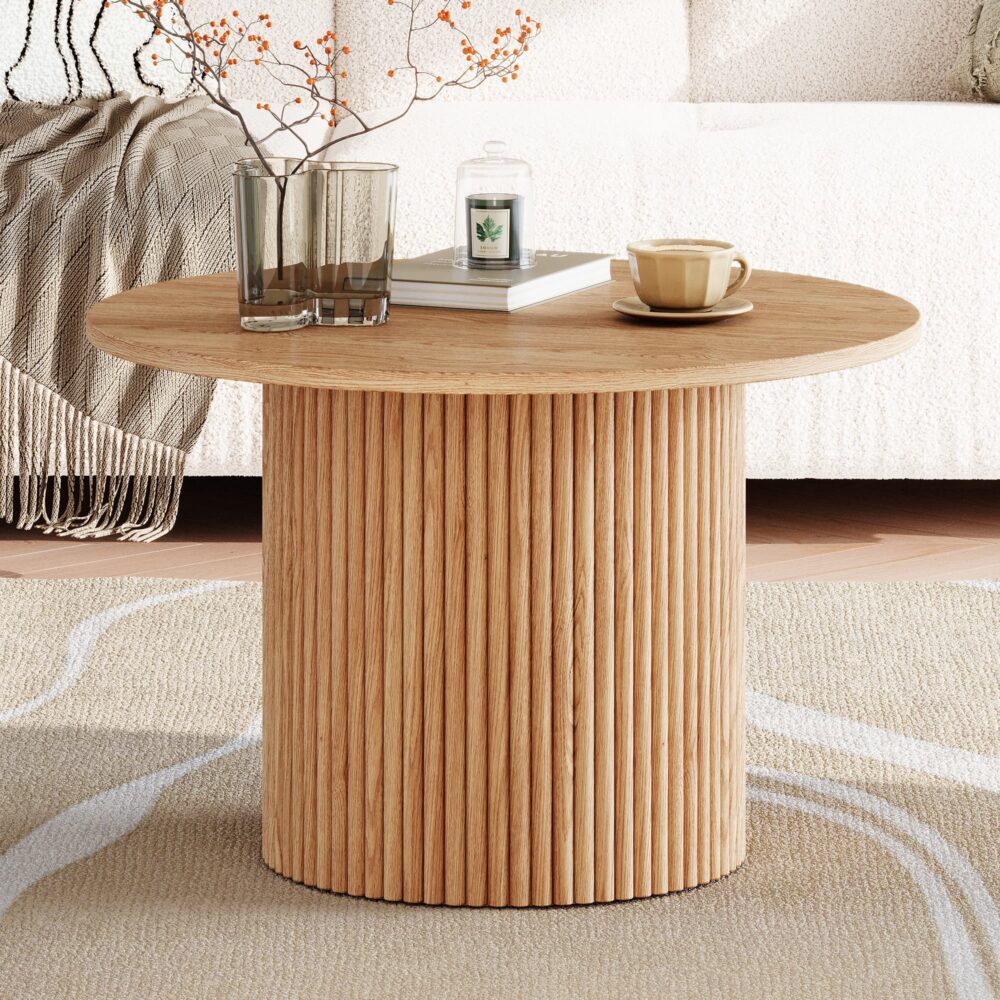 Ribbed Round Wooden Coffee Table, Sturdy, Hollow Design