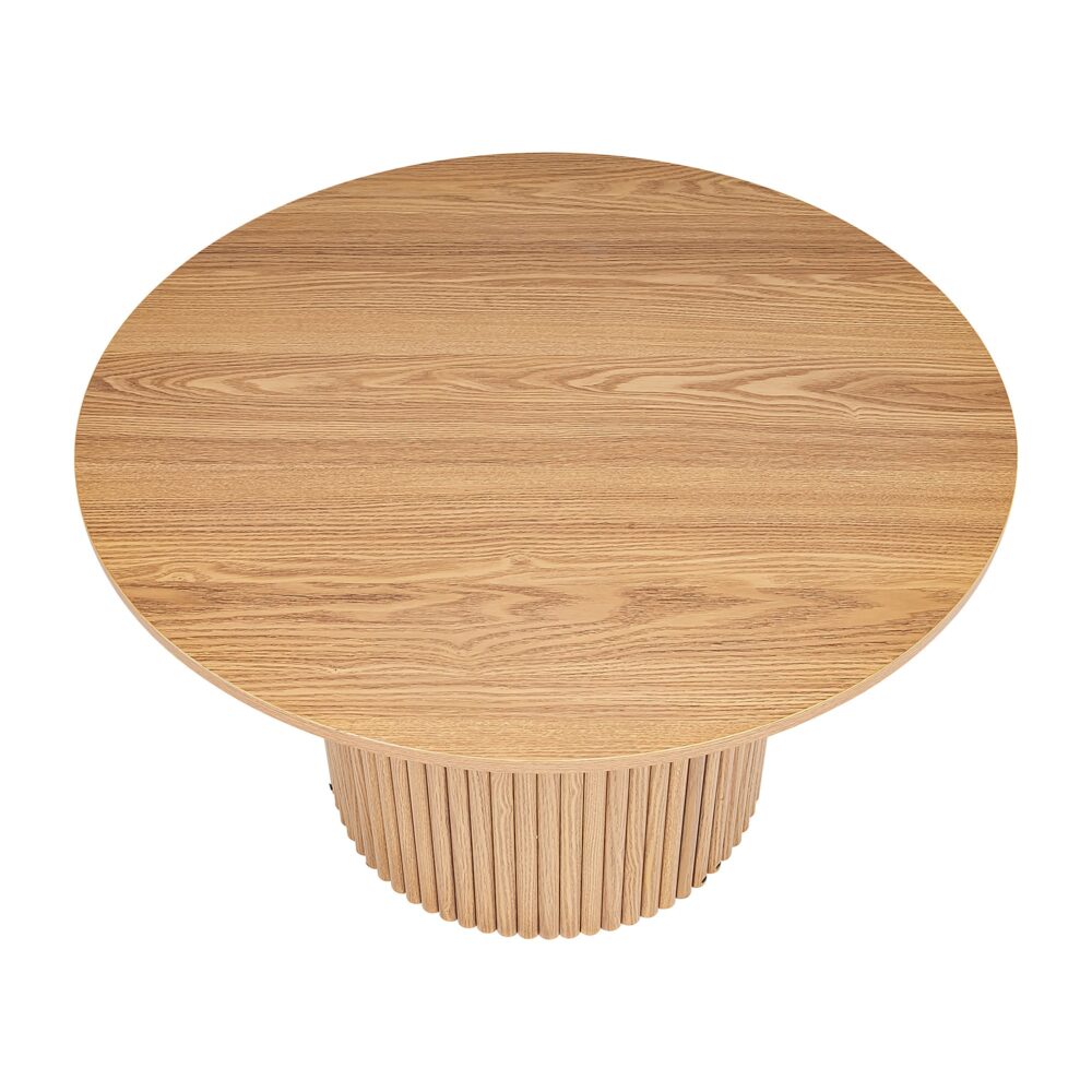 Ribbed Round Wooden Coffee Table, Sturdy, Hollow Design