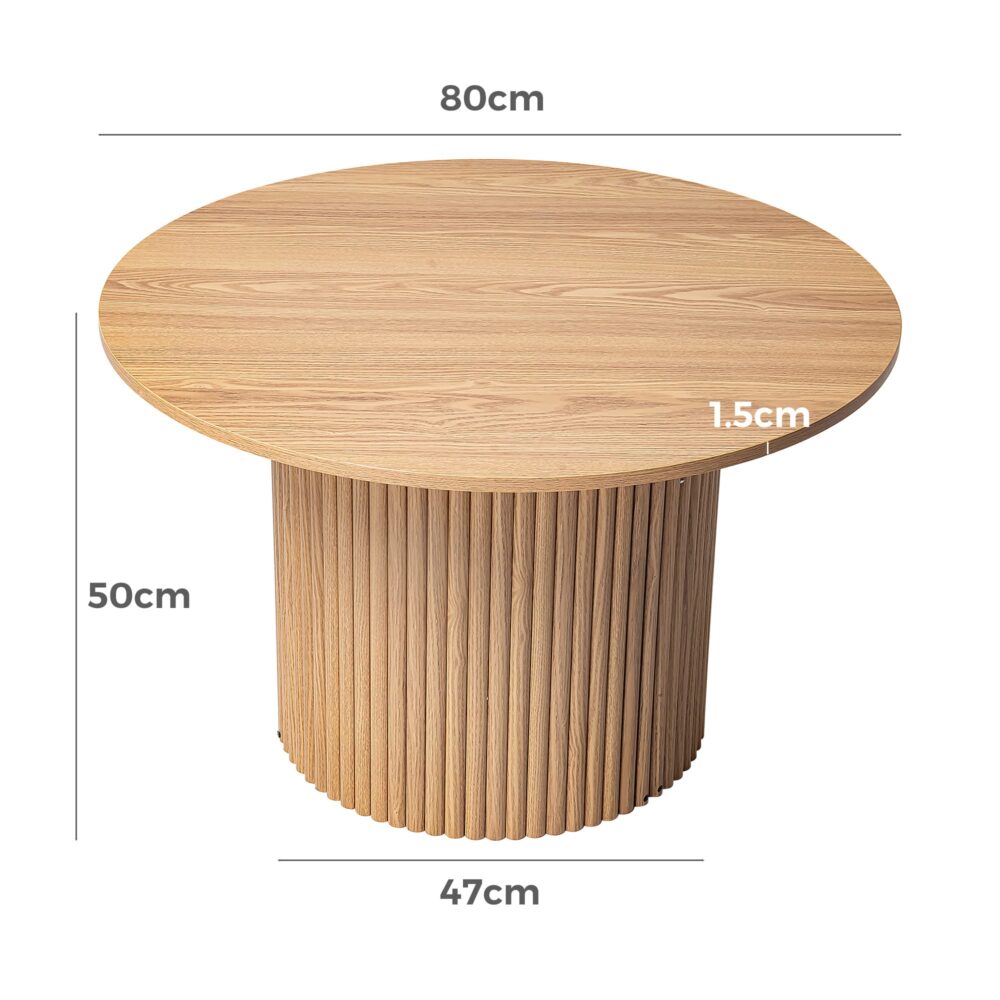 Ribbed Round Wooden Coffee Table, Sturdy, Hollow Design