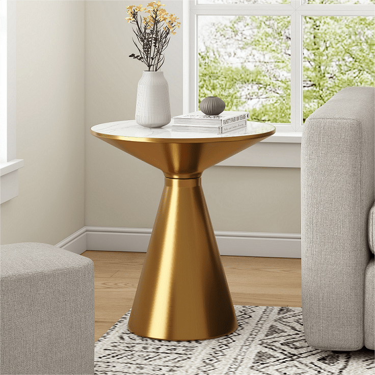 Sintered Stone Round Side Table, Gold Metal Base