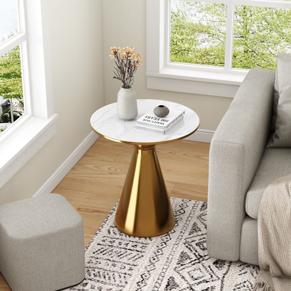 Sintered Stone Round Side Table, Gold Metal Base