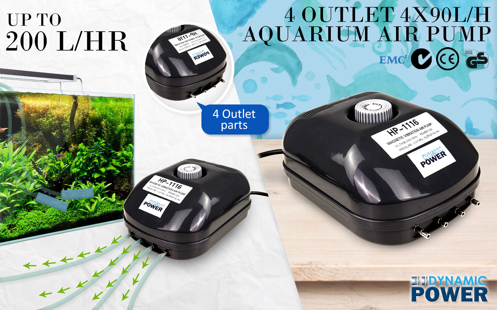 Efficient 4-Outlet Aquarium Air Pump 360L/H 13W - Dynamic Power