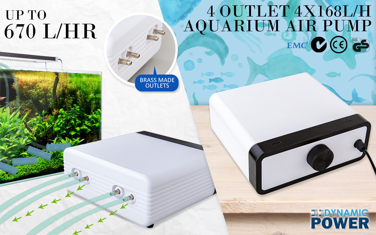 4-Outlet Quiet Aquarium Air Pump 670L/H 8W - Dynamic Power