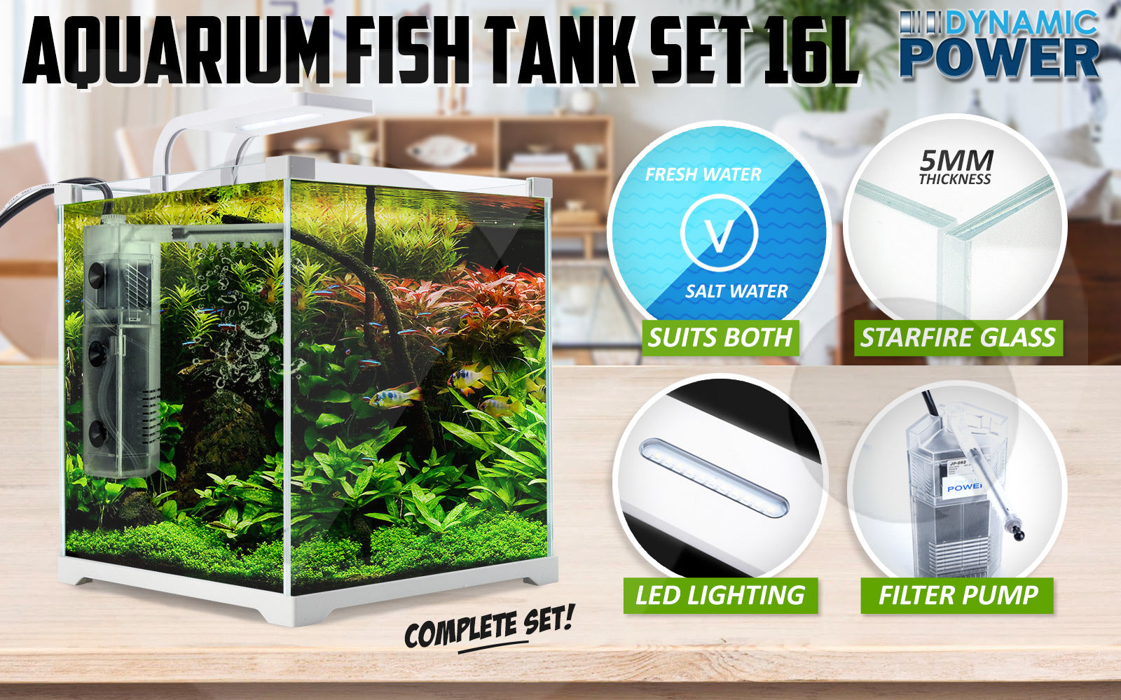 Ultra-Clear Starfire Glass Aquarium Set 16L, LED, Filter - Dynamic Power