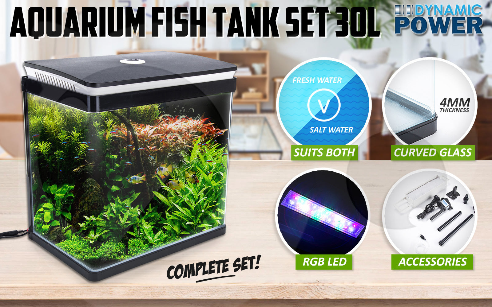 30L Curved Glass RGB LED Aquarium Set with Filter Pump